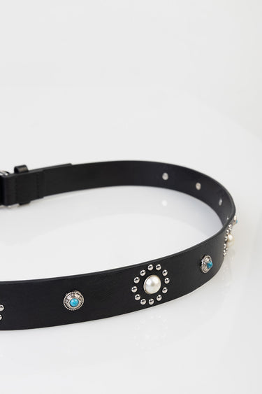 black leather belt with silver stud embellishments and turquoise and pearl accents