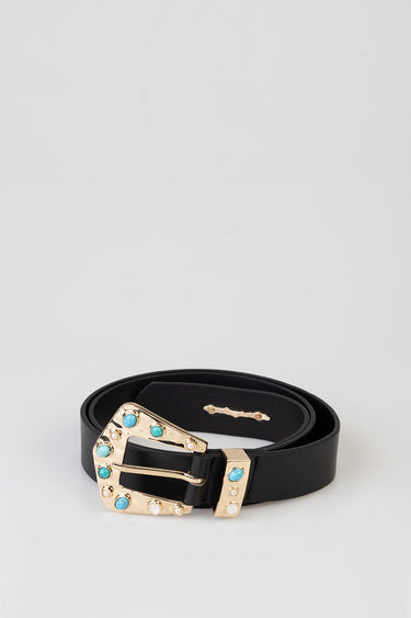 black leather belt with a gold buckle adorned with turquoise stones and small pearls