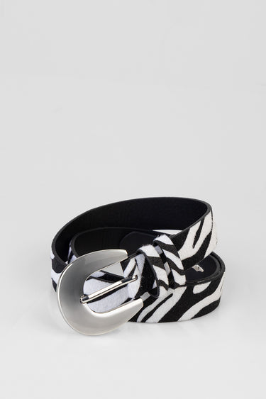zebra print belt with a large silver buckle