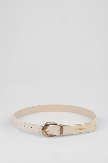 beige leather belt with a gold circular buckle and stitched edges