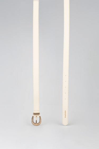 cream belt with gold toned curved buckle and stitched edges, long strap with multiple holes