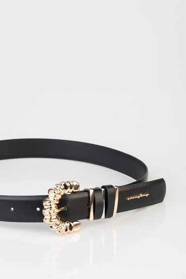 black leather belt with a circular gold beaded buckle and gold hardware, blue jean traders logo visible on strap