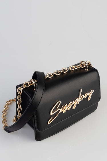 black crossbody bag with a gold chain strap and a gold script logo on the front
