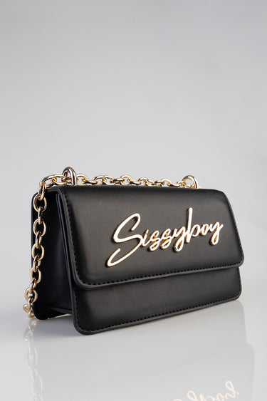 black leather look crossbody bag with a gold chain strap and a gold script logo on the front