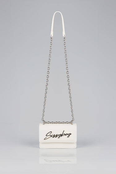 white crossbody bag with a silver chain strap and a cursive logo on the front flap