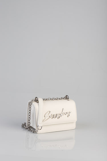 white crossbody bag with a silver chain strap and a raised cursive logo on the front