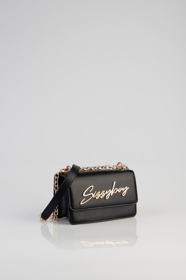 black leather crossbody bag with gold chain strap and cursive gold logo on front