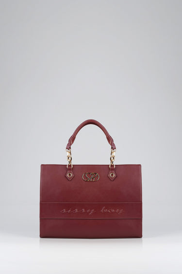 burgundy leather shopper bag with two top handles and gold hardware