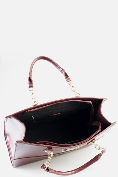 blue jean traders burgundy shopper bag with gold chain handles, open top and black interior