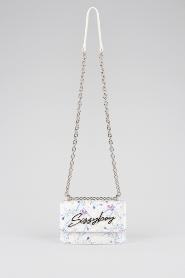 small white floral bag by Blue Jean Traders with a silver chain strap