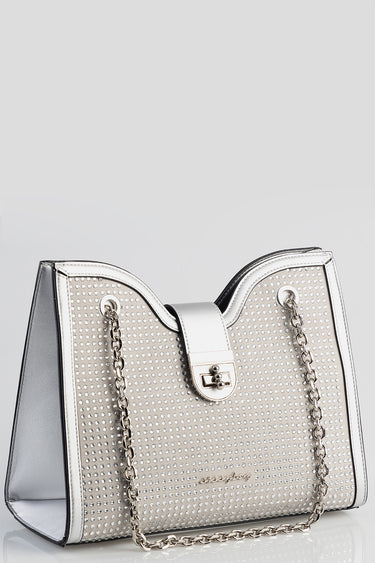 Blue Jean Traders tote bag in silver with studded panels and chain straps.