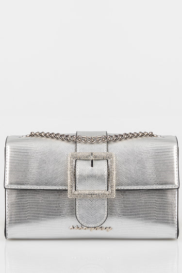 silver metallic handbag with crocodile texture, chain shoulder strap, and square buckle detail