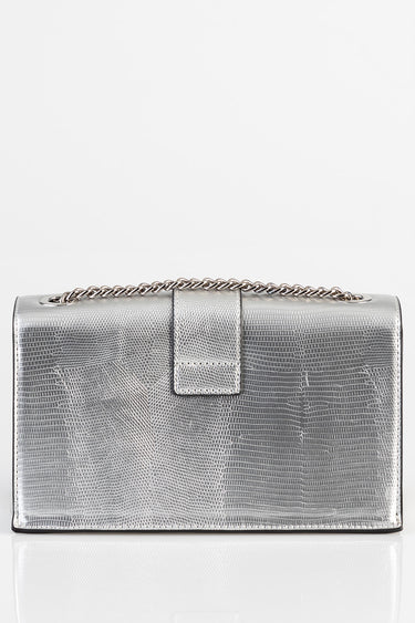 silver crocodile pattern shoulder bag with a thick chain strap and front flap closure