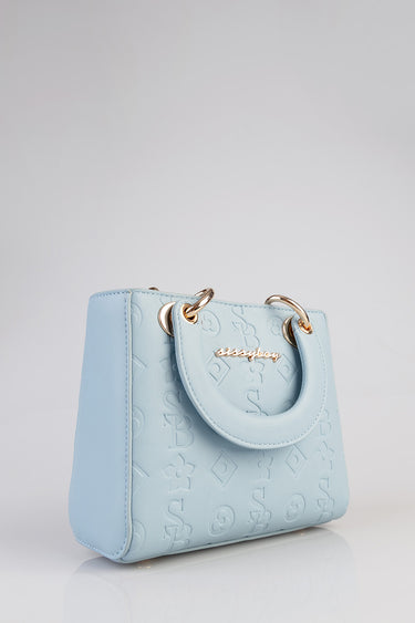 light blue mini tote with embossed pattern and gold hardware, curved top handles.
