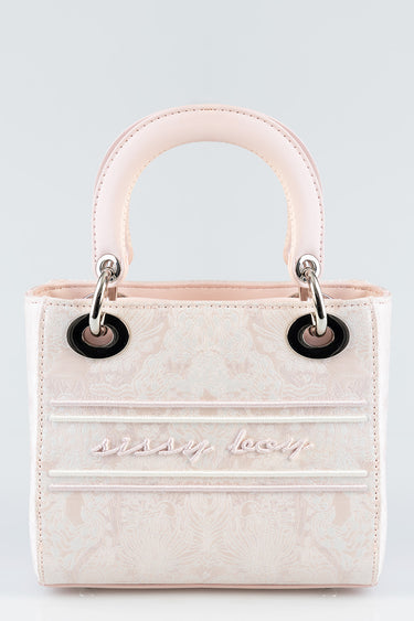 pink jacquard tote bag with curved top handles, silver hardware and embossed script logo on front.
