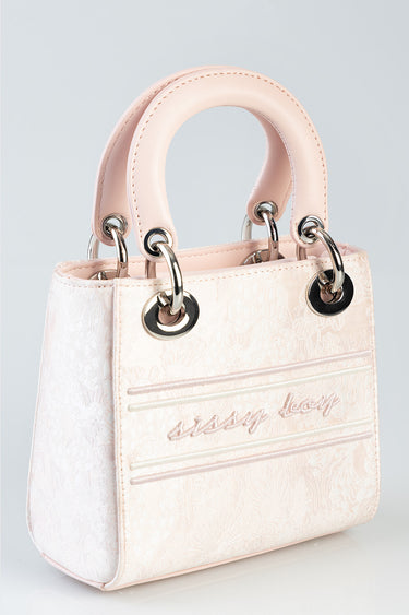 pink and cream textured tote bag with curved pink handles and silver metal rings