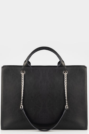 black leather tote bag with rounded top handles and silver chain straps by Blue Jean Traders