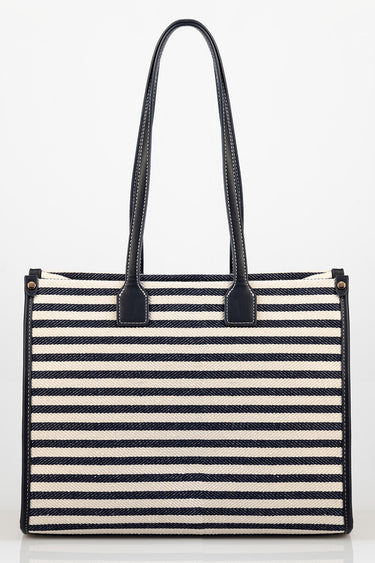 navy and white striped tote bag with dark navy handles and white stitching