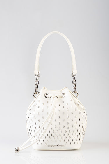 white perforated bucket bag with drawstring closure and chain shoulder strap