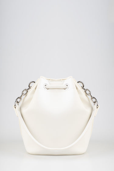 white bucket bag with a silver chain handle and drawstring eyelet details