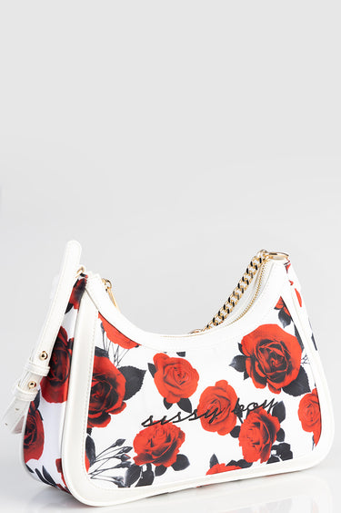 rose red floral bag with white leather trim and gold chain strap by blue jean traders