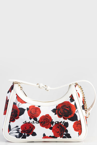 white handbag with red rose print and gold chain strap, white trim