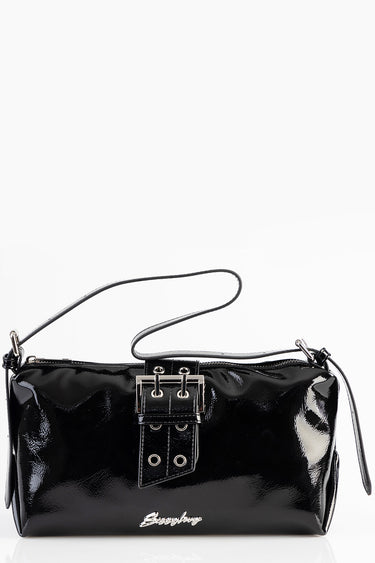 Blue Jean Traders glossy black patent leather shoulder bag with a silver buckle strap and a slim crossbody strap