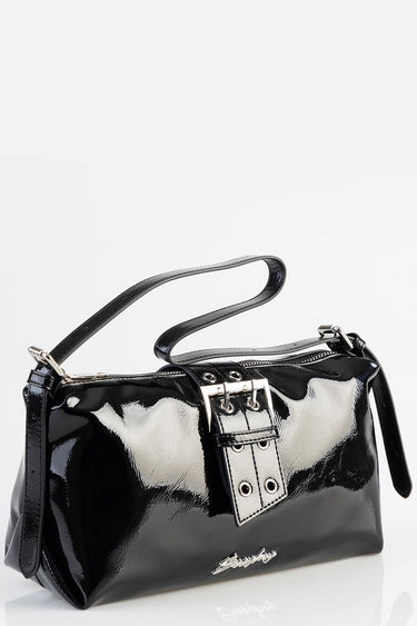 Blue Jean Traders shoulder bag in black patent leather with silver buckle and top handle