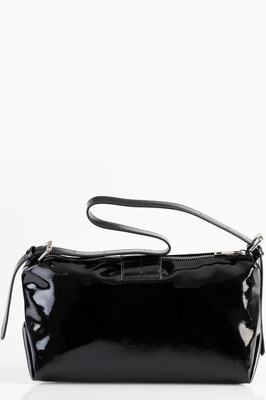 black patent leather shoulder bag with long strap and top zipper by Blue Jean Traders