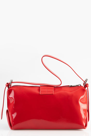 red patent leather shoulder bag with a long strap and a zip top