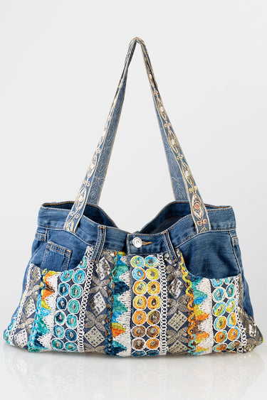 denim tote bag with colourful embroidered patches and patterned trim, two wide decorative straps by blue jean traders