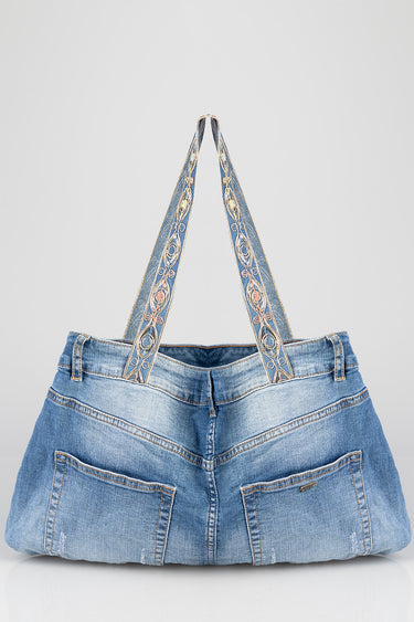 denim tote bag with embroidered wide straps and large back pockets