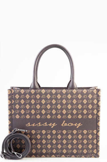 Blue Jean Traders shopper tote in brown and tan with repeating logo pattern and two handles