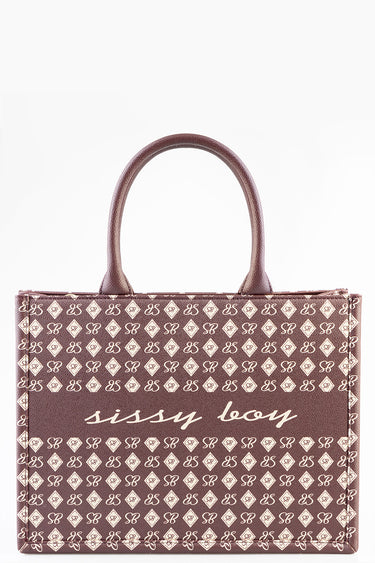 blue jean traders shopper bag in brown with a repeating cream pattern and front script logo.