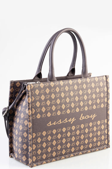 brown shopper bag with two structured handles and a beige monogram print