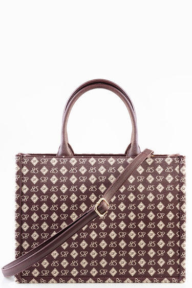 blue jean traders tote bag with brown and beige diamond logo pattern, two short handles, and a detachable crossbody strap