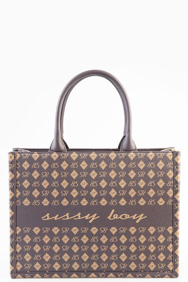 blue jean traders shopper bag in brown with a repeating monogram pattern and double rounded handles