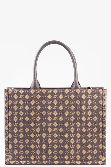 brown shopper bag with beige monogram pattern and two rounded handles by blue jean traders