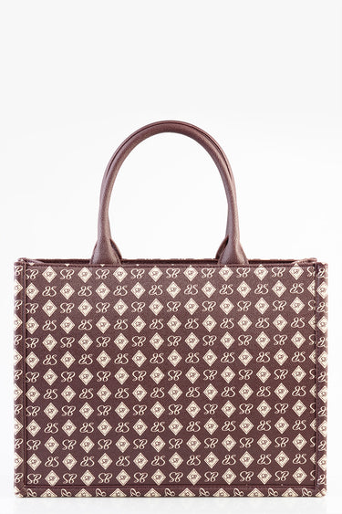 brown shopper bag with two rounded handles and a repeating cream logo pattern.