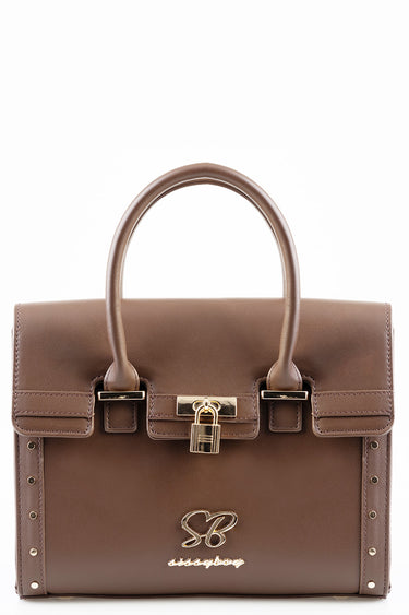 brown leather tote with rounded top handles, gold padlock closure, and metal studs along the sides