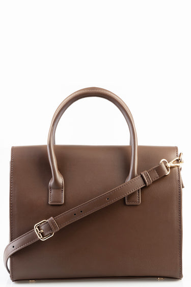 brown leather tote bag with two rounded handles and a long adjustable shoulder strap