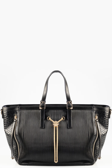 black leather handbag with vertical ribbed texture, two top handles, and gold hardware with a tassel detail