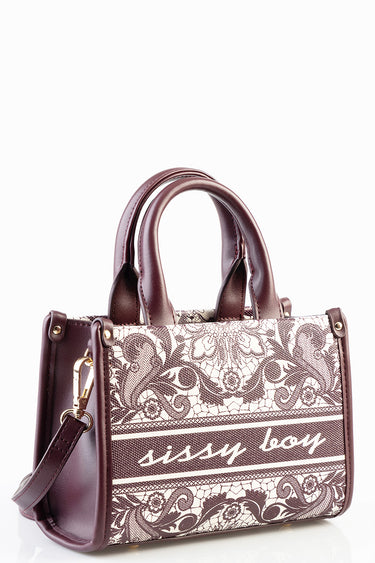 burgundy mini bag with a lace patterned front panel, two top handles, and a detachable strap, featuring the logo Sissy Boy