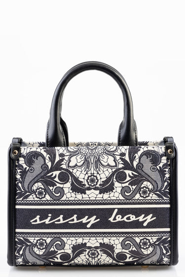 Blue Jean Traders mini bag with black leather handles and white fabric featuring a dark lace pattern.