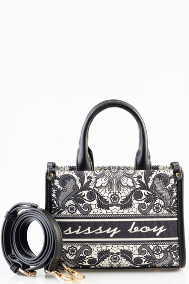mini bag with black and white lace pattern, two top handles, detachable crossbody strap and gold hardware