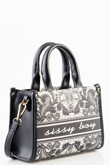 mini handbag with black leather trim, lace patterned front panel and gold hardware, top handles and detachable strap
