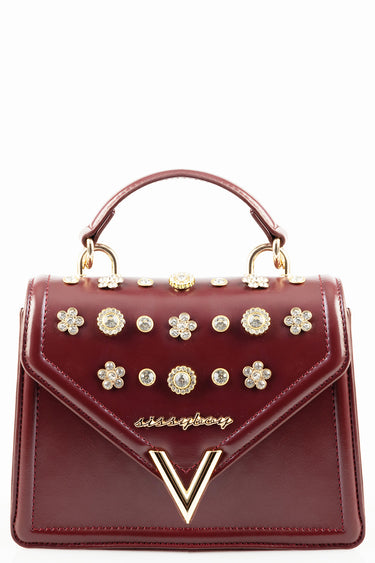 Blue Jean Traders burgundy mini handbag with crystal flower studs and gold V emblem, top handle