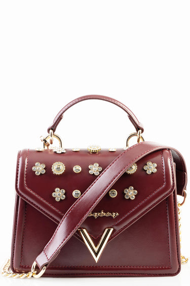 burgundy mini handbag with gold floral studs, top handle and chain strap, v shaped clasp