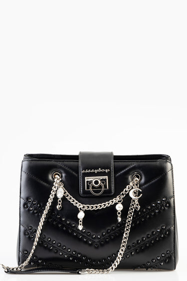 black quilted handbag with silver chain strap, studded detailing and dangling charms