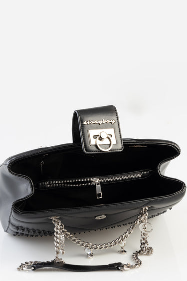 black handbag with silver chain strap, front flap with sissyboy logo and ring clasp, interior zipper pocket visible